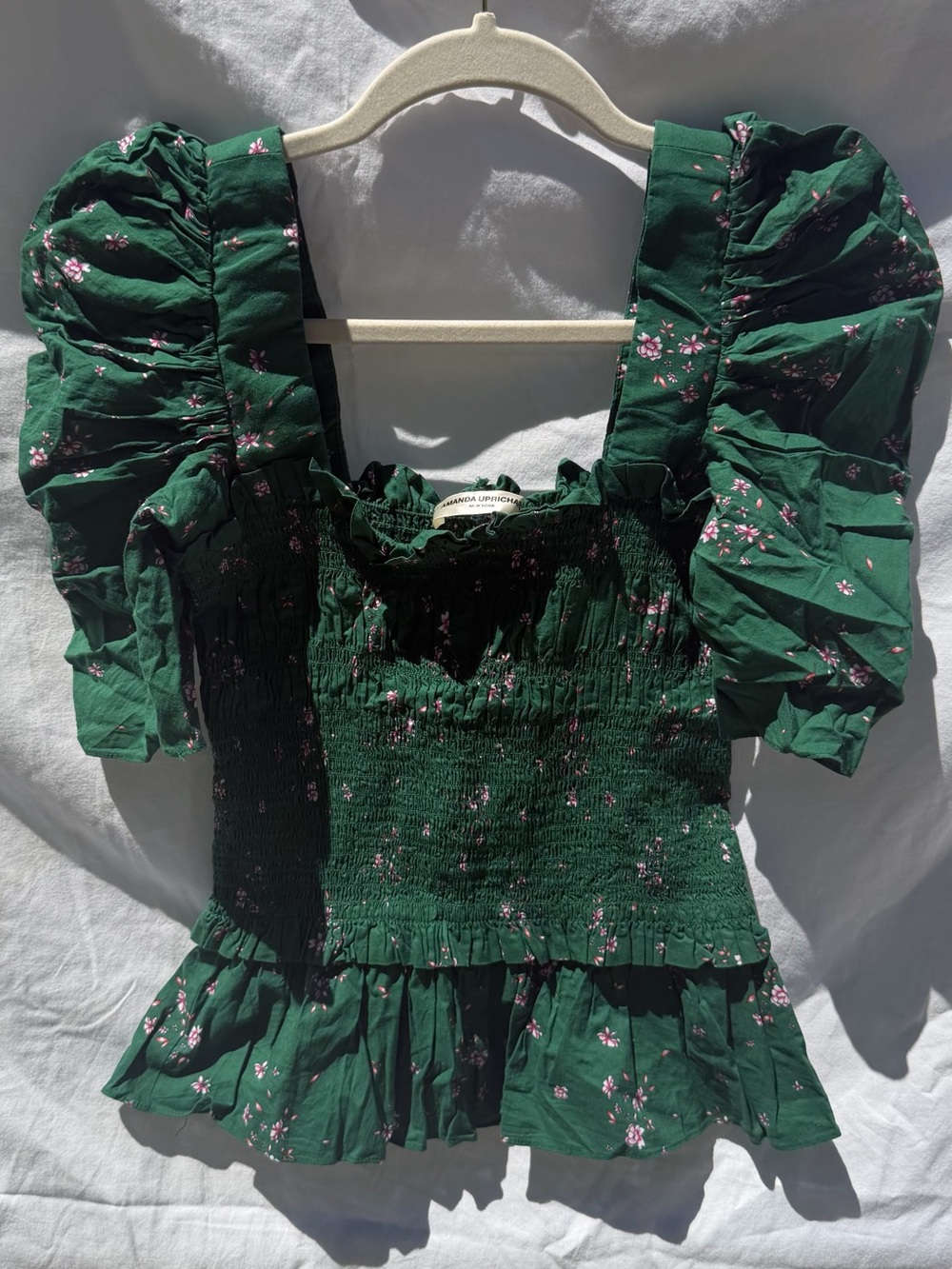 Amanda Uprichard Dark Green Floral Smocked Puff Sleeve Top